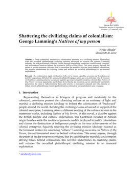 Shattering the Civilizing Claims of Colonialism: George Lamming’S Natives of My Person