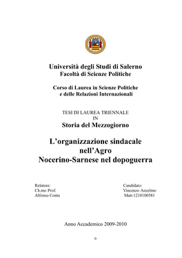 L'organizzazione Sindacale Nell'agro Nocerino-Sarnese Nel Dopoguerra