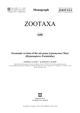 Taxonomic Revision of the Ant Genus Leptomyrmex Mayr (Hymenoptera: Formicidae)