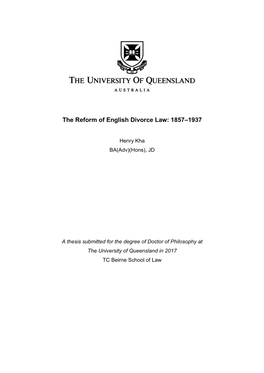 The Reform of English Divorce Law: 1857–1937