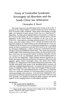 Treaty of Tordesillas Syndrome: Sovereignty Ad Absurdum and the South China Sea Arbitration Christopher R