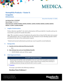 Hemophilia Products – Factor X: Coagadex