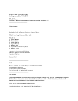 Biodiversity of the Potomac River Valley (Work-In-Progress, Draft of 11 April 2013)