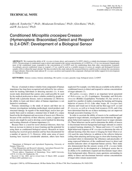 Conditioned Microplitis Croceipes Cresson (Hymenoptera: Braconidae) Detect and Respond to 2,4-DNT: Development of a Biological Sensor