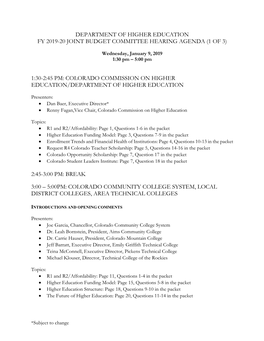 Department of Higher Education Fy 2019-20 Joint Budget Committee Hearing Agenda (1 of 3)