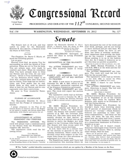 Congressional Record United States Th of America PROCEEDINGS and DEBATES of the 112 CONGRESS, SECOND SESSION