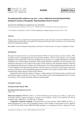 Zootaxa, Pseudopontonides Plumosus Sp. Nov., a New Cnidarian-Associated Pontoniine