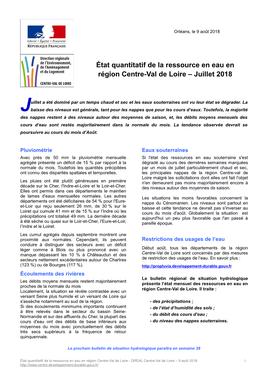 État Quantitatif De La Ressource En Eau En Région Centre-Val De Loire – Juillet 2018