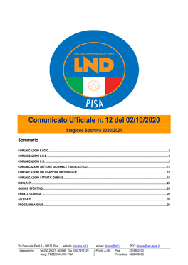 Comunicato Ufficiale N. 12 Del 02/10/2020