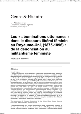 Les « Abominations Ottomanes » Dans Le Discours Libéral Féminin Au R