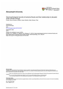 Aberystwyth University Geomorphological Records of Extreme Floods and Their Relationship to Decadal