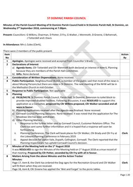 Minutes of the Parish Council Meeting of St Dominic Parish Council Held in St Dominic Parish Hall, St Dominic, on Wednesday 5Th September 2018, Commencing at 7.00Pm