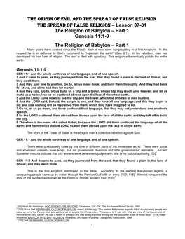 Lesson 07-01 the Religion of Babylon – Part 1 Genesis 11:1-9 the Religion of Babylon – Part 1 Many Years Have Passed Since the Flood