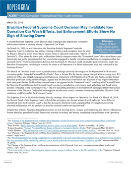 Brazilian Federal Supreme Court Decision May Invalidate Key Operation Car Wash Efforts, but Enforcement Efforts Show No Sign of Slowing Down