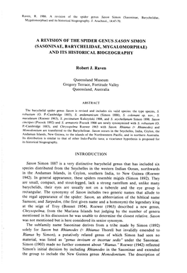 Sasoninae, Barychelidae, Mygalomorphae ) and Its Historical Biogeograph Y