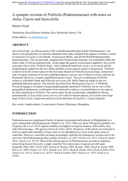 Podostemaceae) with Notes on Aulea, Cipoia and Saxicolella