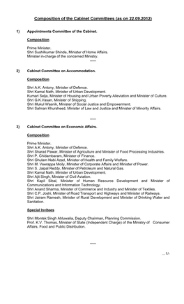 Composition of the Cabinet Committees (As on 22.09.2012)