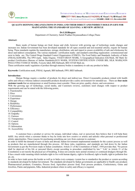 Quality Defining Organizations in India and Their Direct and Indirect Role-In Life for Maintaining the Standard of Leaving: a Review Article