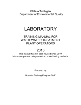 Wastewater Laboratory Training Manual for Treatment Plant Operators