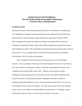 INTELLIGENT NETWORKING: the ITS Model and the Permeability Predicament a Systems Theory Interpretation