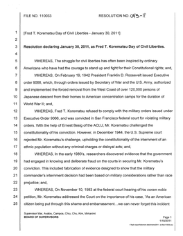 FILE NO. 110033 RESOLUTION NO. 04:'-11 1 [Fred T. Korematsu Day Of