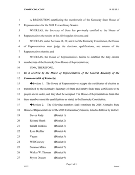 A RESOLUTION Establishing the Membership of the Kentucky State House of 2 Representatives for the 2018 Extraordinary Session