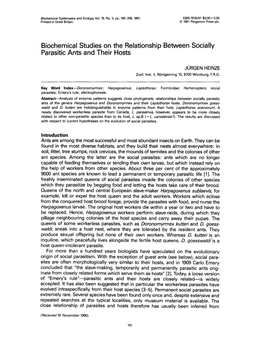 Biochemical Studies on the Relationship Between Socially Parasitic Ants and Their Hosts