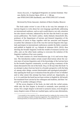 Aɴᴅʀᴀ Kᴀʟɴᴀᴄ̌ᴀ. a Typological Perspective on Latvian Grammar