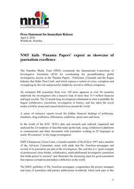 NMT Hails 'Panama Papers' Exposé As Showcase of Journalism Excellence