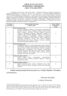 O B W I E S Z C Z E N I E BURMISTRZA DREZDENKA Z Dnia 23 Września 2010 R
