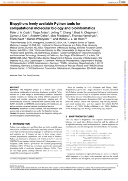 Biopython: Freely Available Python Tools for Computational Molecular Biology and Bioinformatics Peter J