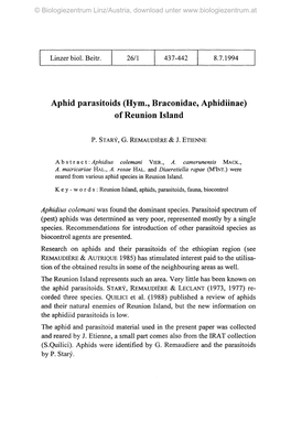 Aphid Parasitoids (Hym., Braconidae, Aphidiinae) of Reunion Island