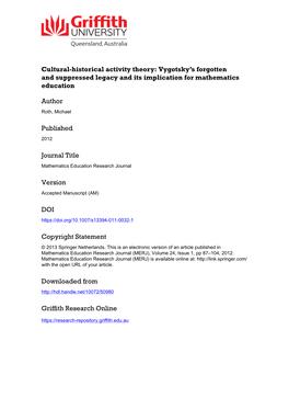 Cultural-Historical Activity Theory: Vygotsky’S Forgotten and Suppressed Legacy and Its Implication for Mathematics Education