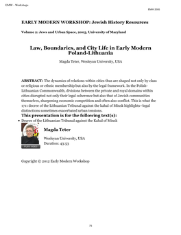 Law, Boundaries, and City Life in Early Modern Poland-Lithuania