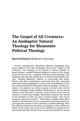 The Gospel of All Creatures: an Anabaptist Natural Theology for Mennonite Political Theology