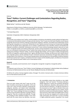 Trans* Politics: Current Challenges and Contestations Regarding Bodies, Recognition, and Trans* Organising