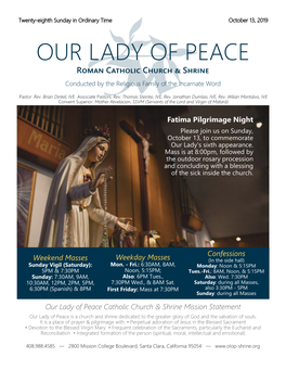 Our Lady of Peace Catholic Church & Shrine Mission Statement