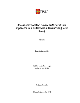 Chasse Et Exploitation Minière Au Nunavut : Une Expérience Inuit Du Territoire À Qamani’Tuaq (Baker Lake)