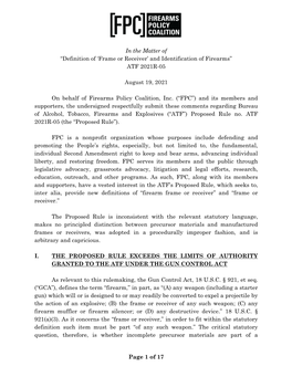 Page 1 of 17 in the Matter of “Definition of 'Frame Or Receiver' and Identification of Firearms” ATF 2021R-05 August