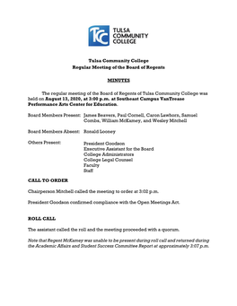 TCC Board of Regents Regular Meeting Minutes Aug 13