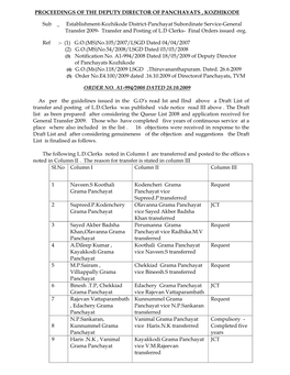 Establishment-Kozhikode District-Panchayat Subordinate Service-General Transfer 2009- Transfer and Posting of L.D Clerks- Final Orders Issued -Reg