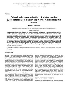 Behavioral Characterization of Blister Beetles (Coleoptera: Meloidae) in the World: a Bibliographic Review