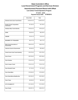 Low Carbon Transit Operations Program FY 2017 - 2018 Payment Issue Date: 07/09/2018