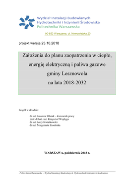 Założenia Do Planu Zaopatrzenia W Ciepło, Energię Elektryczną I Paliwa Gazowe Gminy Lesznowola Na Lata 2018-2032