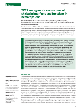 TPP1 Mutagenesis Screens Unravel Shelterin Interfaces and Functions in Hematopoiesis