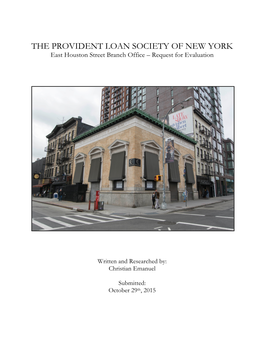 THE PROVIDENT LOAN SOCIETY of NEW YORK East Houston Street Branch Office – Request for Evaluation