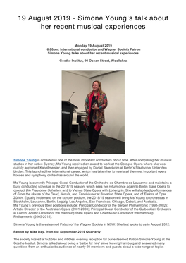 19 August 2019 R Simone Young's Talk About Her Recent Musical