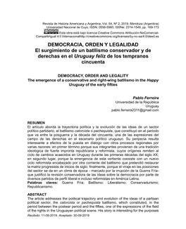 DEMOCRACIA, ORDEN Y LEGALIDAD El Surgimiento De Un Batllismo Conservador Y De Derechas En El Uruguay Feliz De Los Tempranos Cincuenta