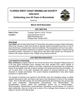 FLORIDA WEST COAST BROMELIAD SOCIETY 1954-2018 Celebrating Over 64 Years in Bromeliads Fwcbs.Org
