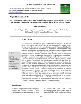 Sex Population Structure of Macrobrachium Assamense Peninsularie (Tiwari) (Crustacea, Decapoda, Palaemonidae) in Khoh River, Uttarakhand, India